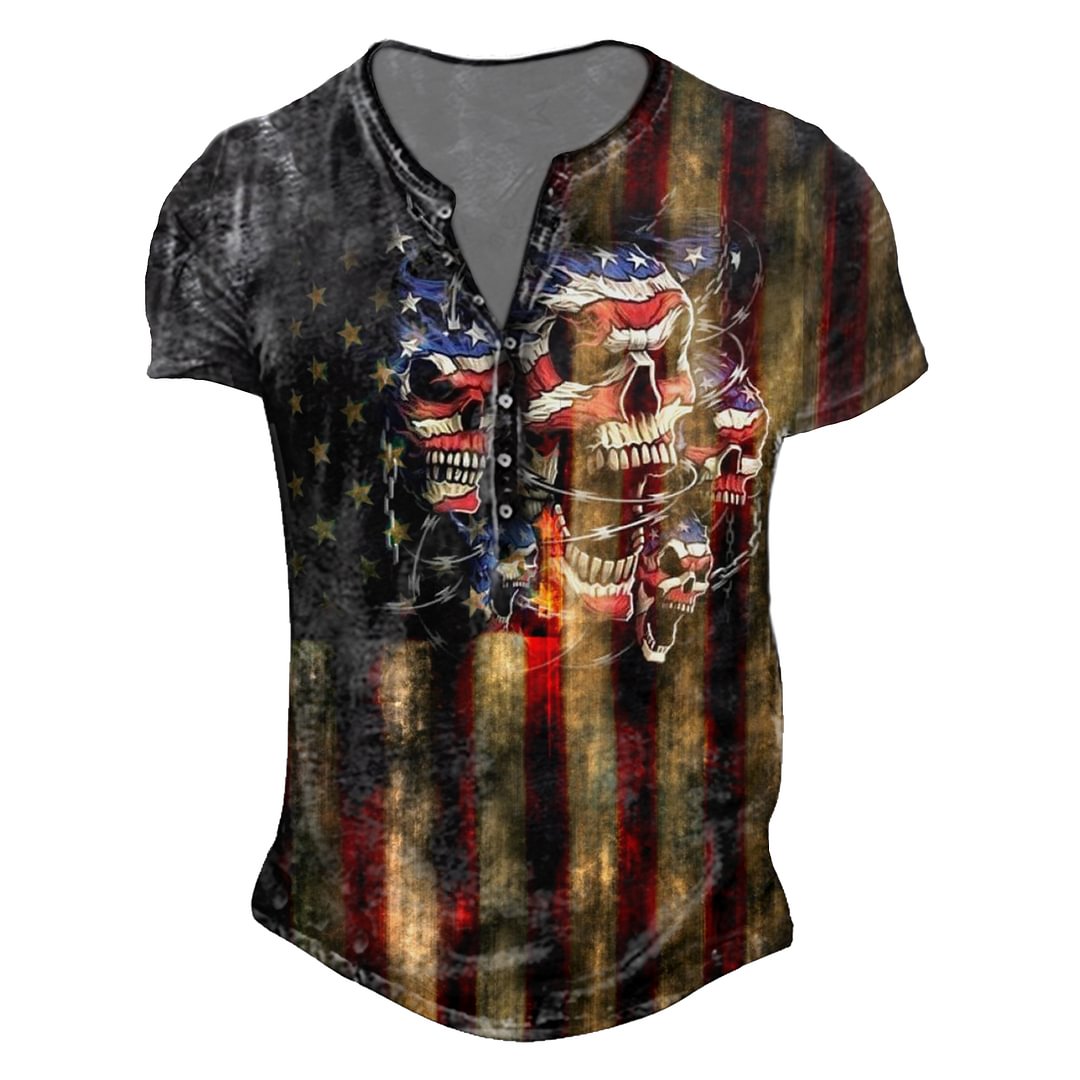 Men's Outdoor Skull Flag Print Henley Short Sleeve T-Shirt-Compassnice®