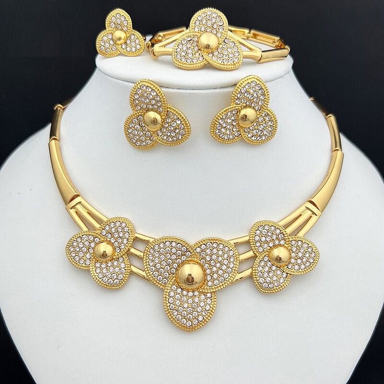Dubai Gold Plated Jewelry Sets For Women Flower Necklace Earrings Set