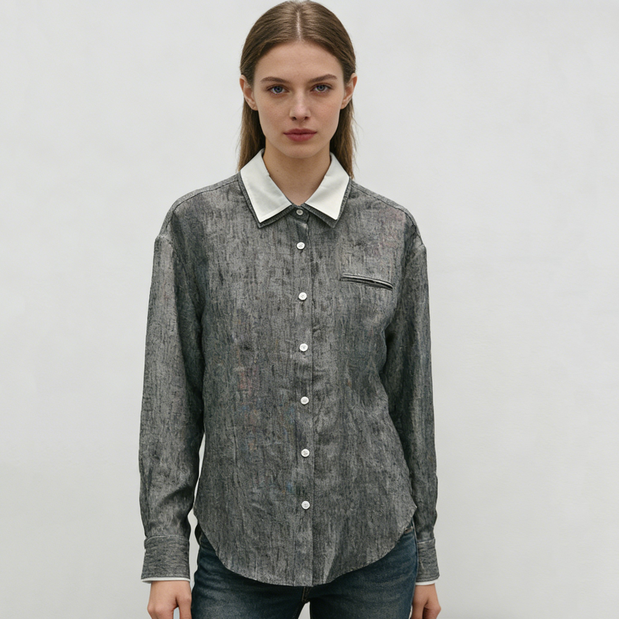 Linen Shirt Women 100% Linen Contrast Collar Oversized Top REAL SILK LIFE