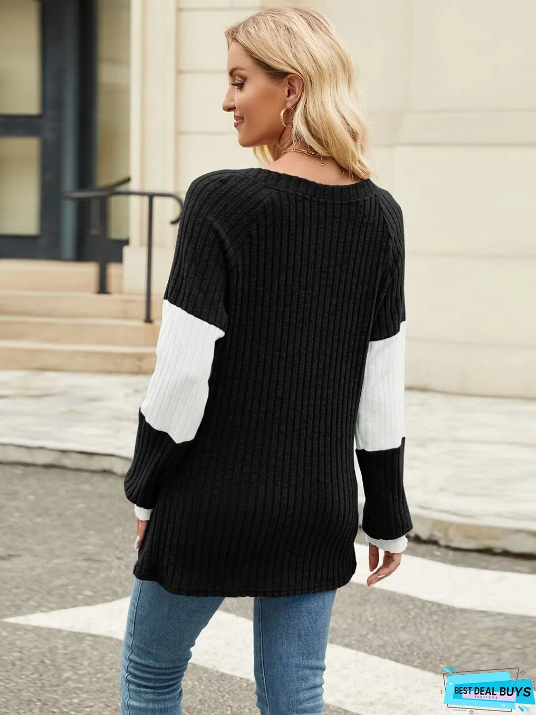 Color Block V-Neck Long Sleeve T-Shirt