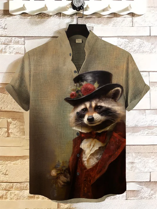 Men's Retro Royal Raccoon Art Print Casual Shirt