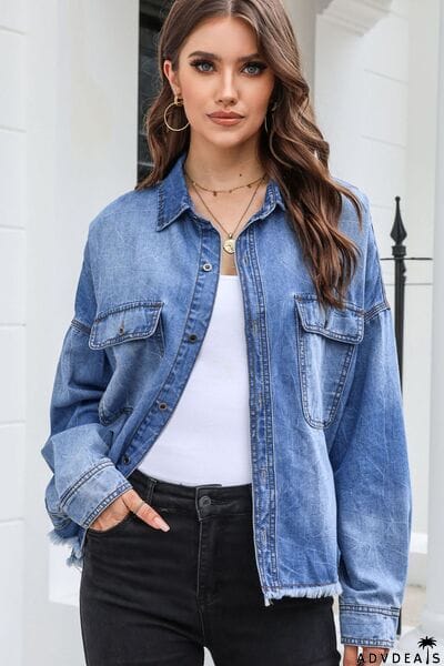 Raw Hem Pocketed Collared Neck Denim Jacket