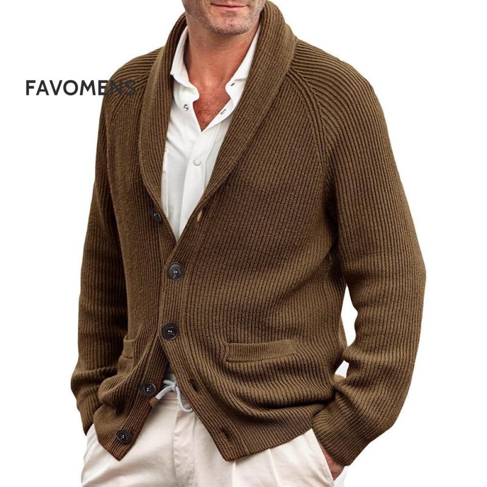 Men’s Cardigan Sweater Lapel Long Sleeve Knitted Jacket Brown / M