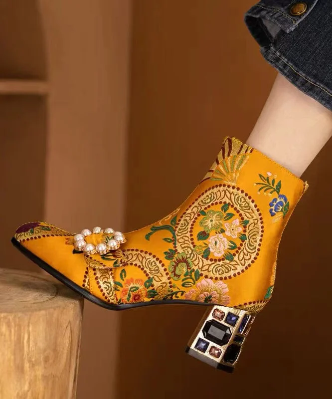 Bohemian Yellow Embroidery Nail Bead Zircon Chunky Heel Boots