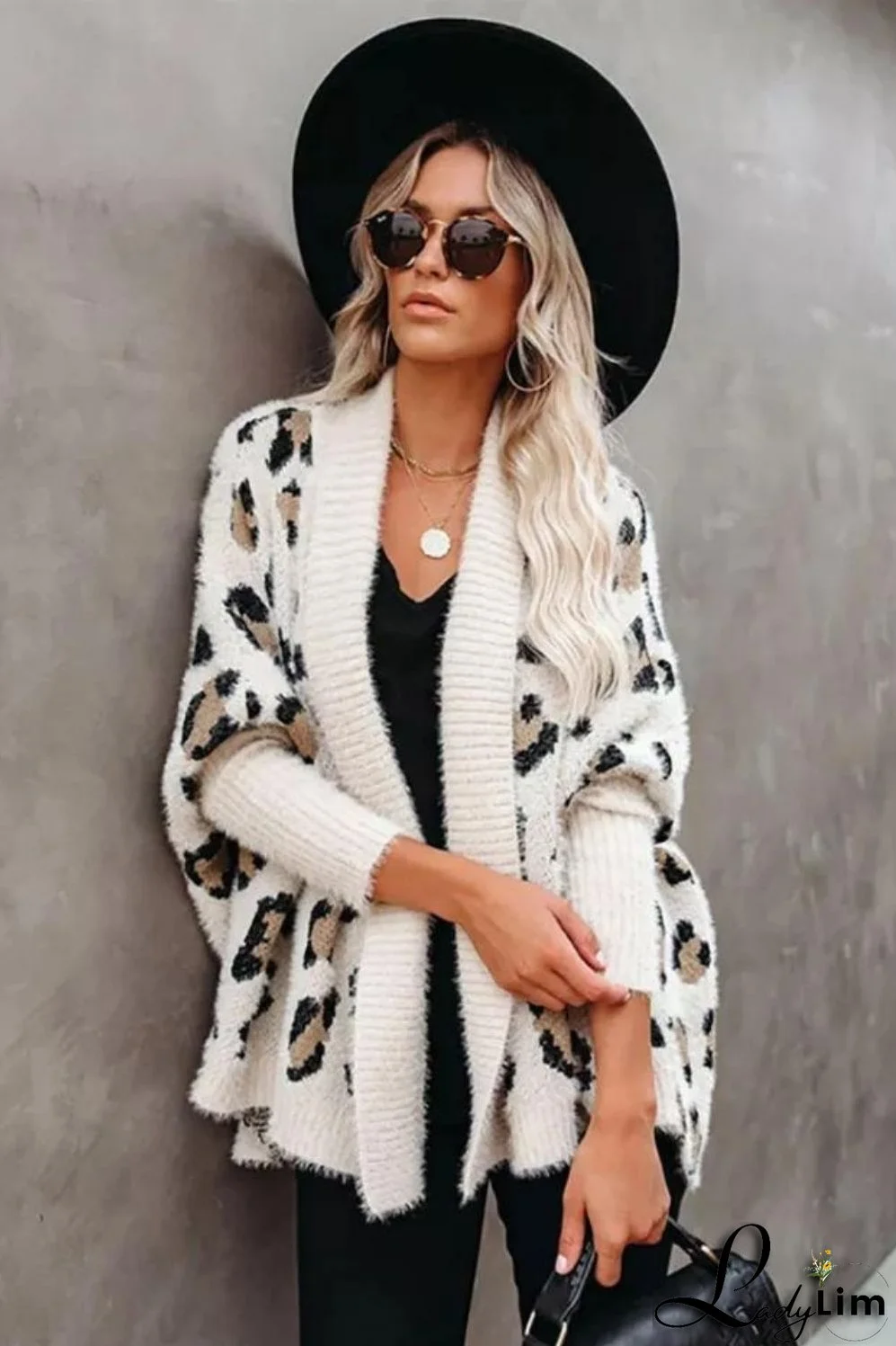 Trendy Leopard Print Bohemian Slim Dolman Sleeve Oversized Sweater Cardigan
