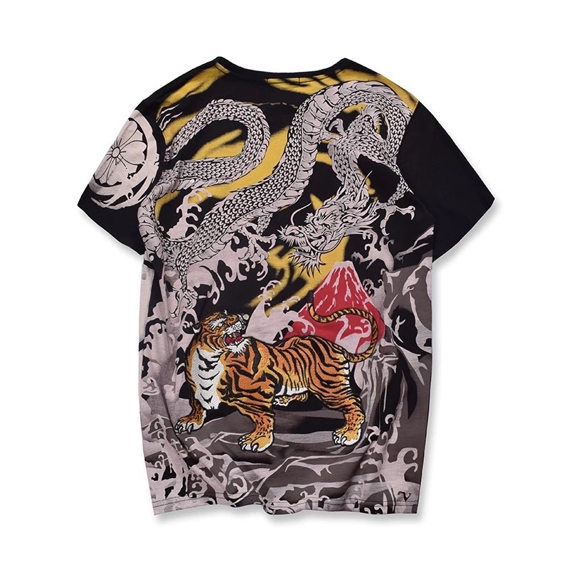 Embroidered Dragon Vs Tiger Battle Ukiyo-e T-shirt