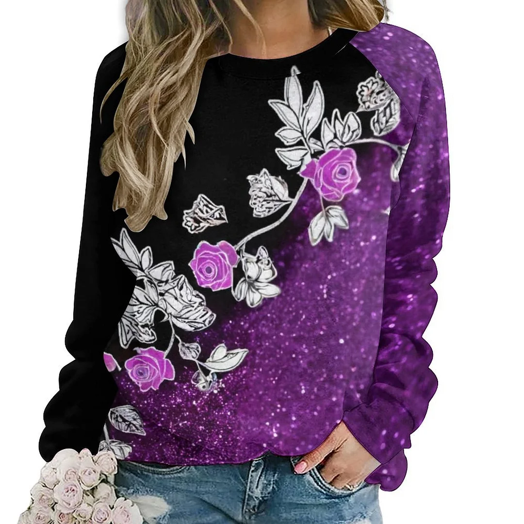 Printed Long Sleeve Casual Sweatshirt for  Women and Men Unisex Pattern Purple, Rose, Glitter, Black, Floral