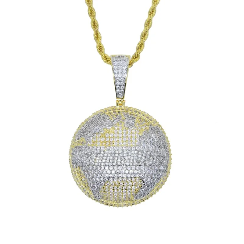 Two Tone Gold Color Micro Pave Round Map Hip Hop Men Necklace-VESSFUL