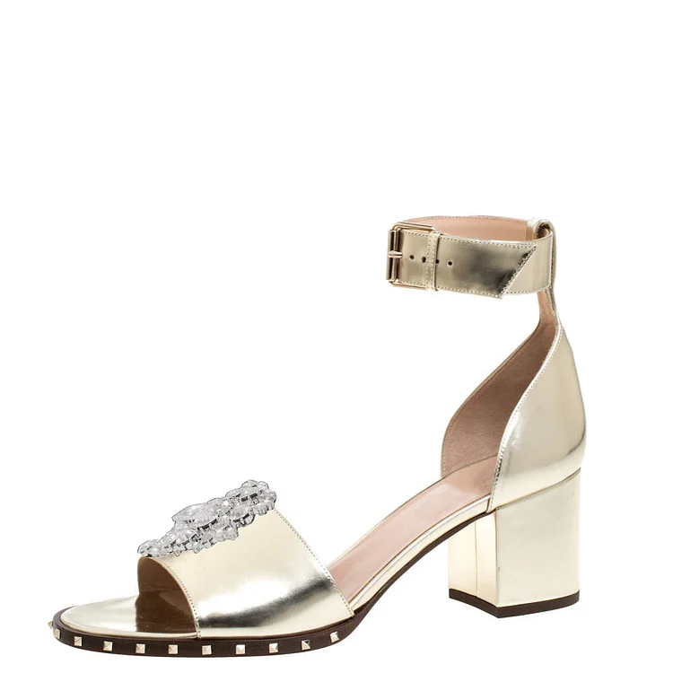 Gold Patent Leather Opened Round Toe Rhinestone Decor Buckled Ankle Strappy Sandals With Chunky Heels |FSJ Shoes