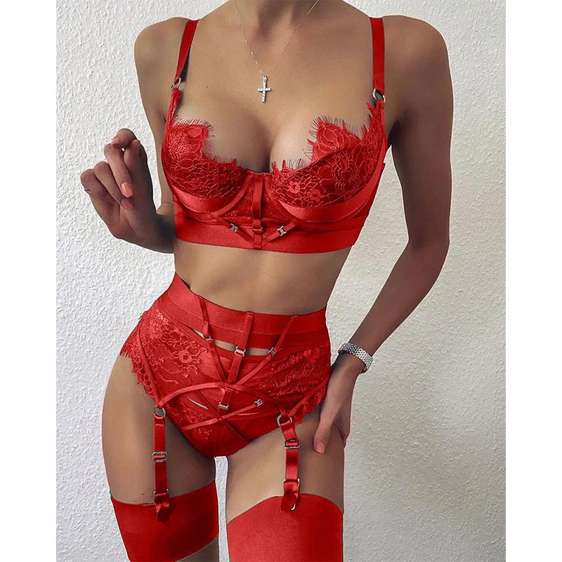 MIRABELLE Luxury Lingerie Push Up Bra Women's Underwear Set Lace Bandage Exotic Set 3-Piece Erotic Costumes Short Skin Care Kits