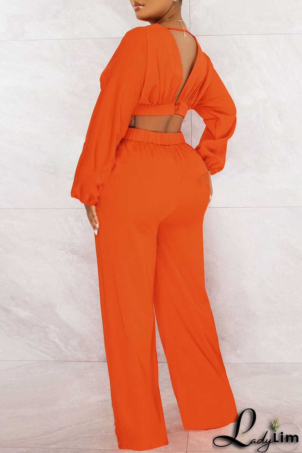 Yellow Sexy Solid Patchwork Backless V Neck Long Sleeve Two Pieces