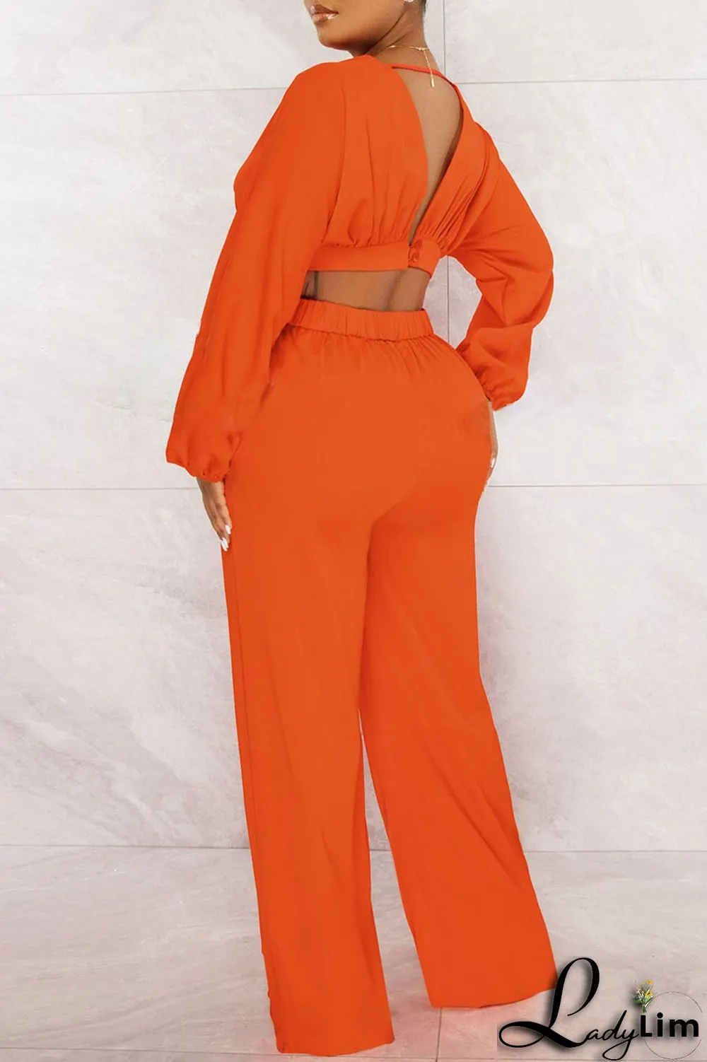 Yellow Sexy Solid Patchwork Backless V Neck Long Sleeve Two Pieces