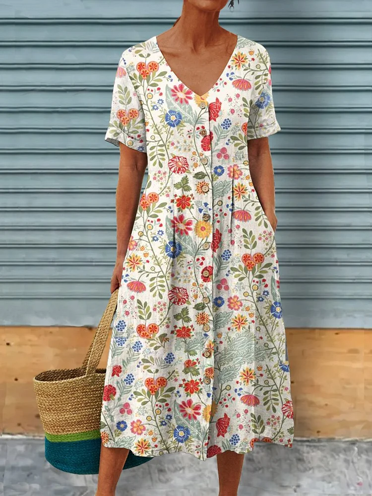 Women's Floral Art Print Linen Pocket Tunic Dress