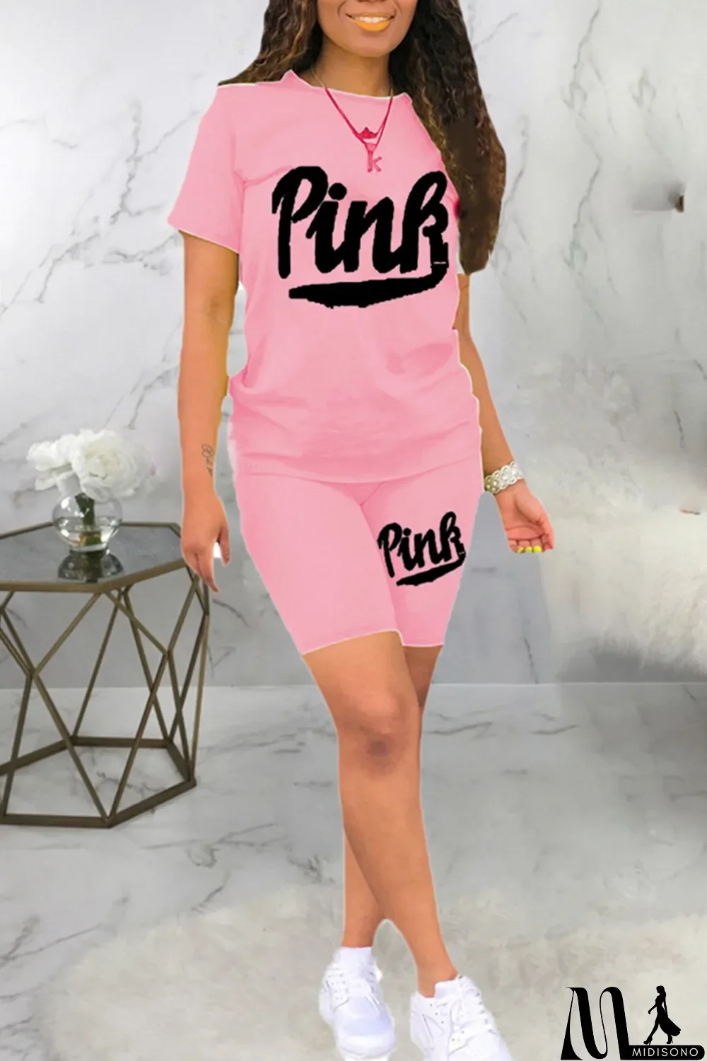 MidiSono - Black Fashion Casual Letter Print Basic O Neck Short Sleeve Two Pieces