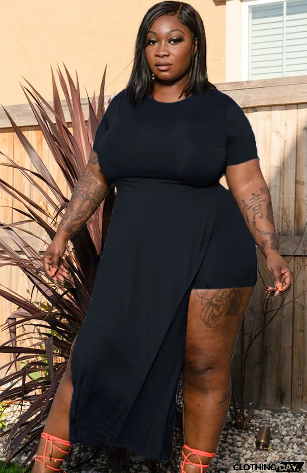 Summer Plus Size Black Slit Long Shirt and Biker Shorts 2 Piece Set