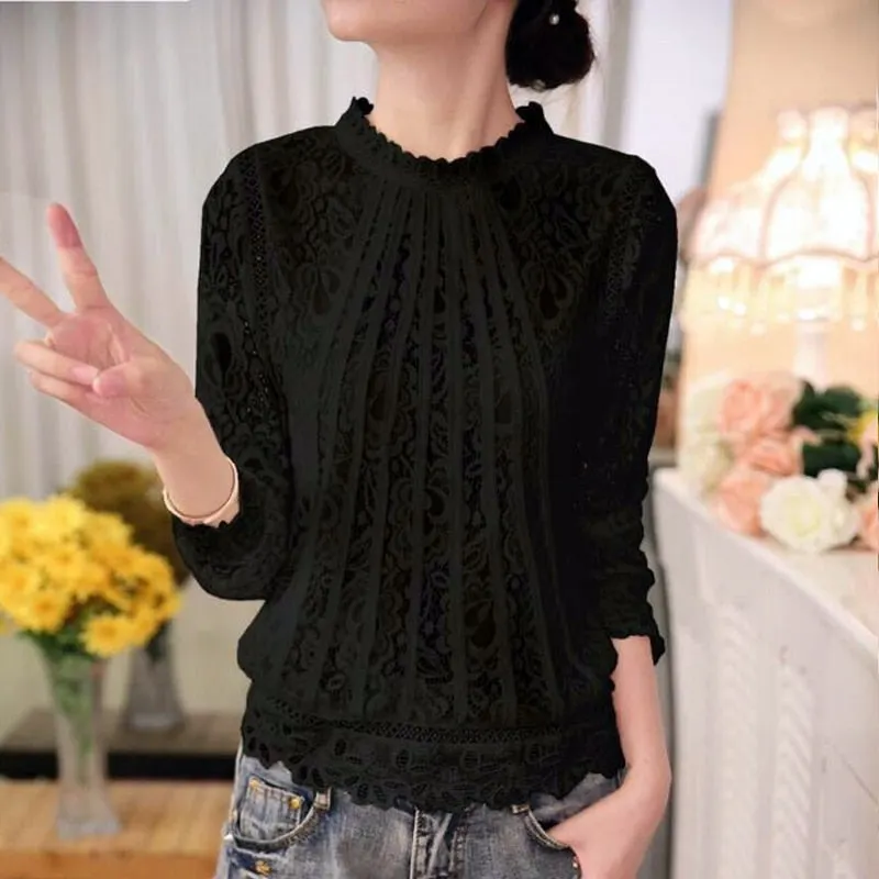 2021 New Spring Lace Shirts Long Sleeve White Women Blouse Chiffon Shirts Tops for Women Summer Sexy White Top Female 51C