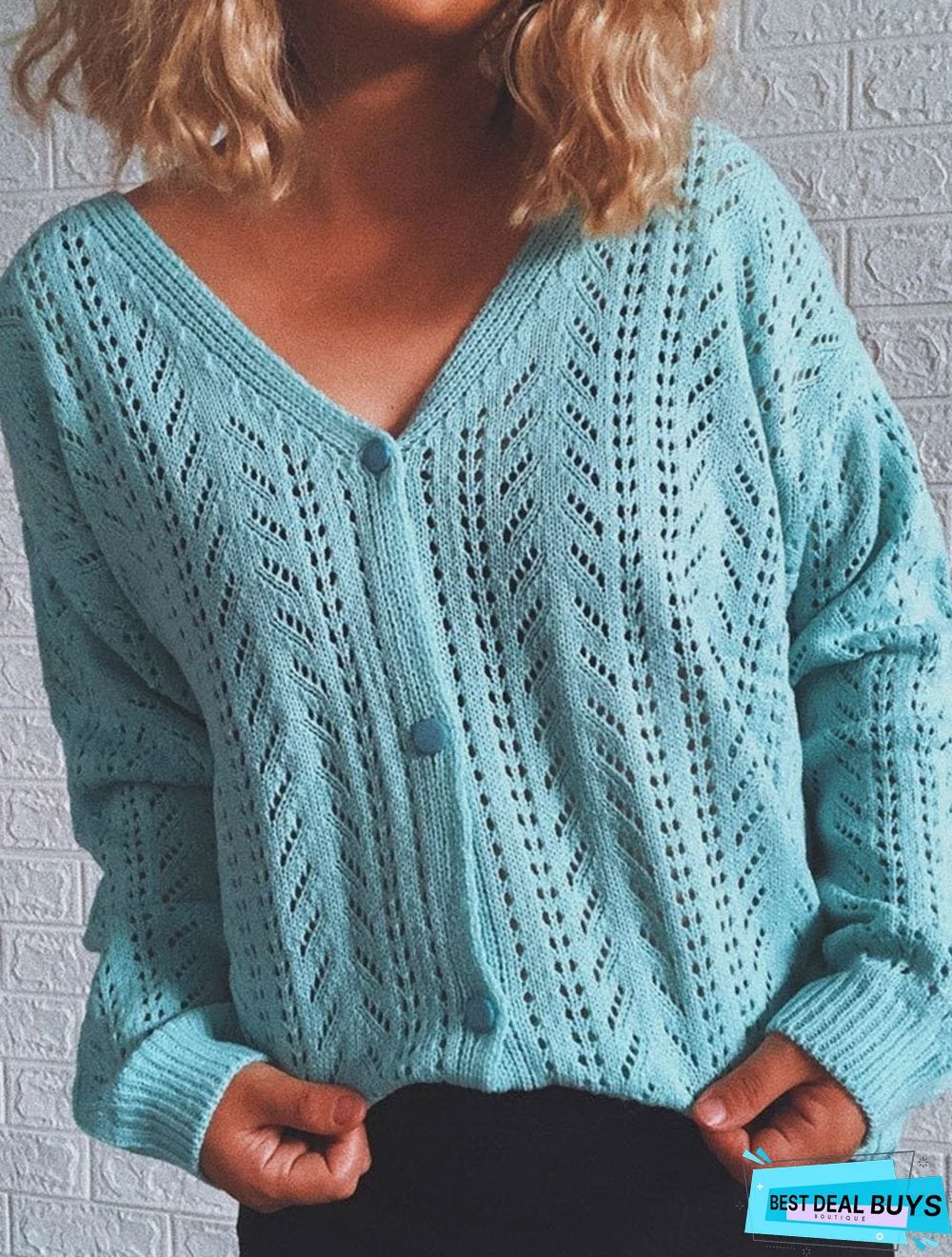 Knitted Solid Color V-Neck Long-Sleeved Sweater