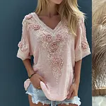 Women's Floral Embroidery Lace Linen V-neck T-shirt - Image 2