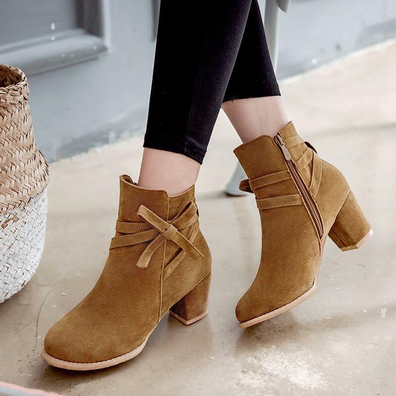 VCSHOES Bow Suede Low Chunky Heel Ankle Boots