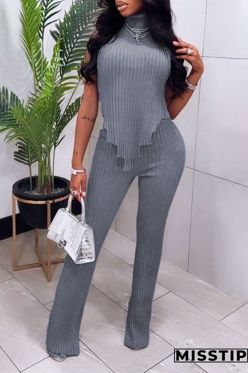 Grey Sexy Solid Patchwork Asymmetrical Turtleneck Sleeveless Two Pieces