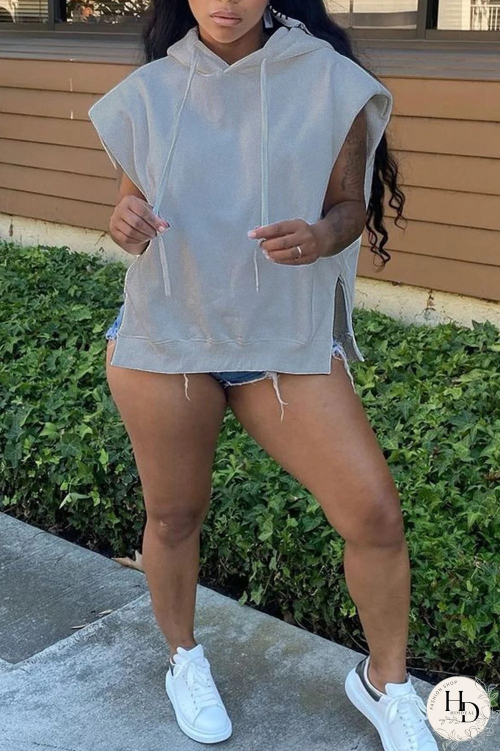 Black Casual Simplicity Solid Draw String Slit Hooded Collar Tops