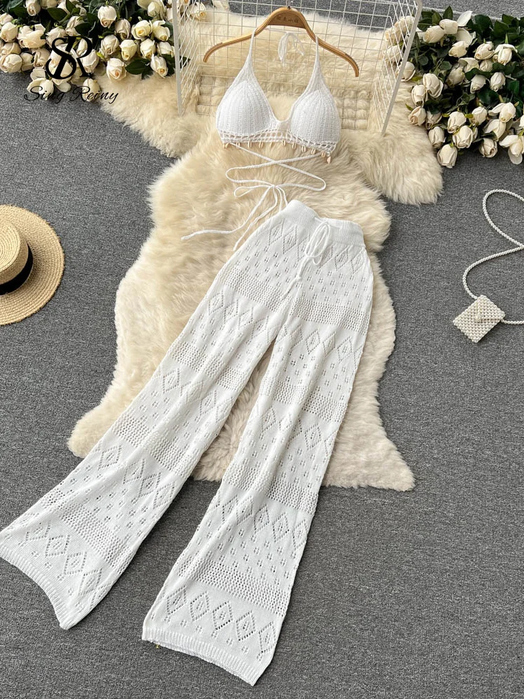 Huibahe Women Summer Knitted Set Halter Short Tops+ Hollow Wide Leg Long Pants Sets Shell Beach Sexy Backless Two Piece Suits