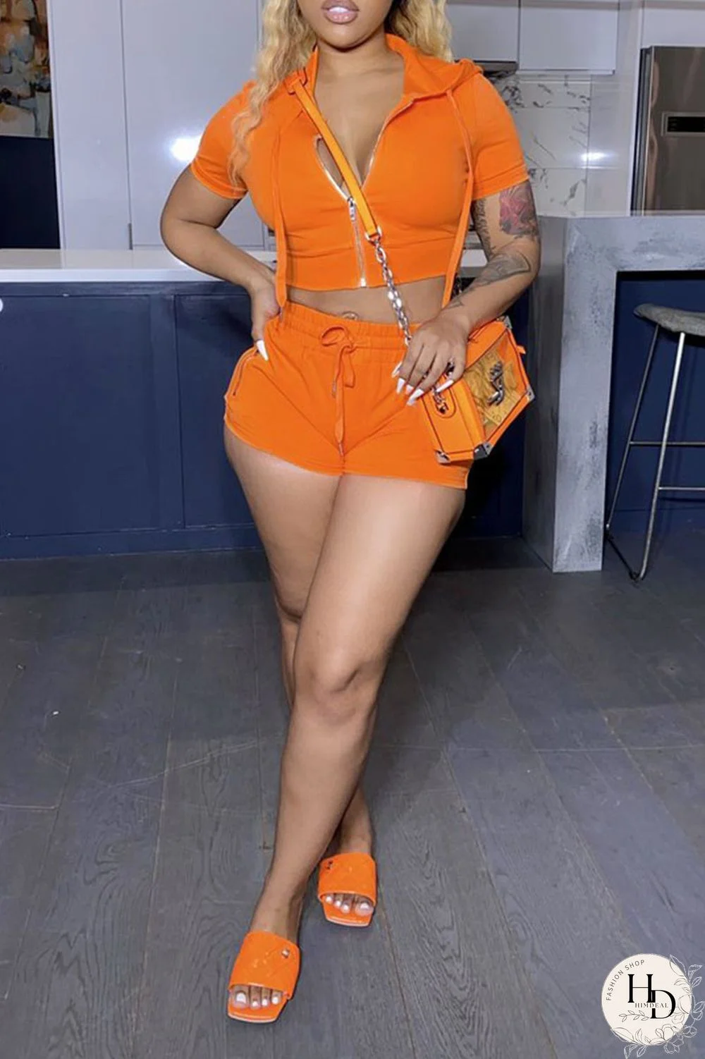 Rose Red Casual Solid Patchwork Zipper Hooded Collar Short Sleeve Two Pieces