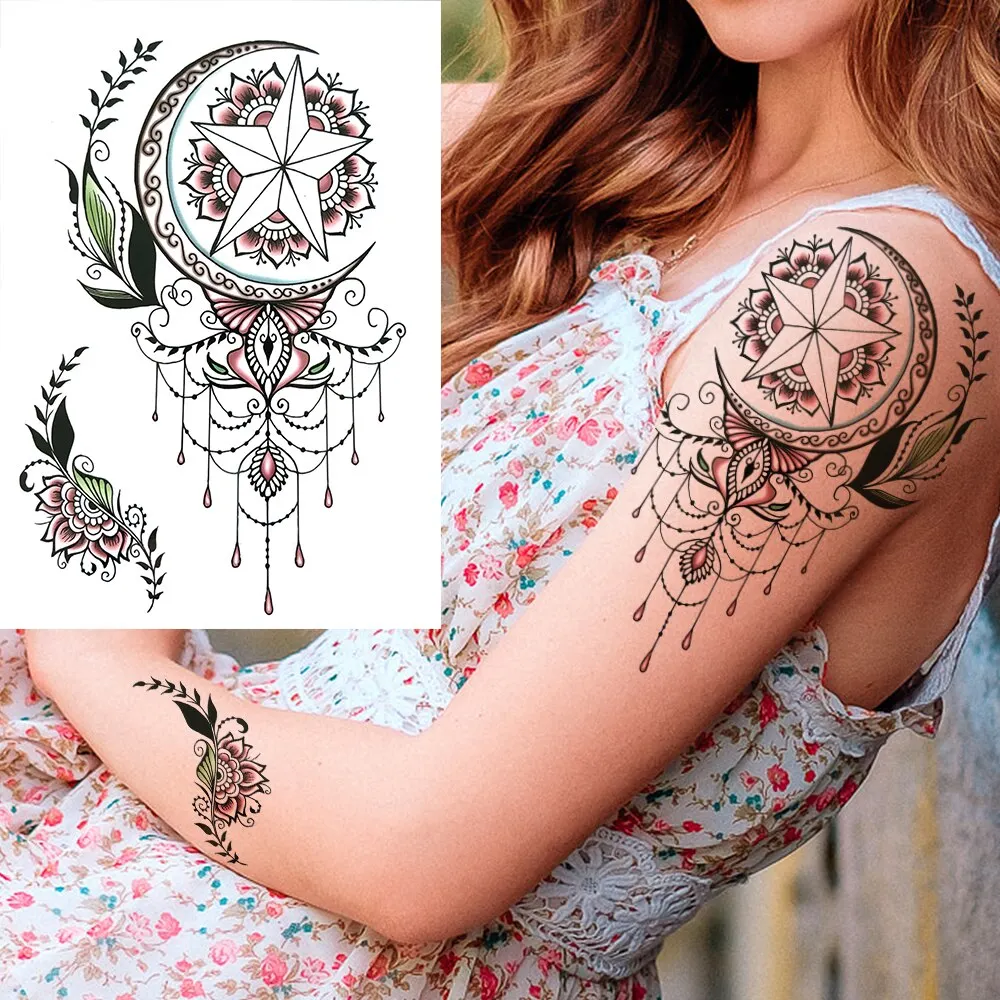 3D Flower Triangle Temporary Tattoos For Women Girl Fake Wolf Deer Geometry Tattoo Sticker Peony Dahlia Body Art Adults Tatoos