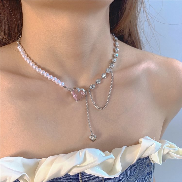 Pink Heart Panel Pearl Necklace KERENTILA
