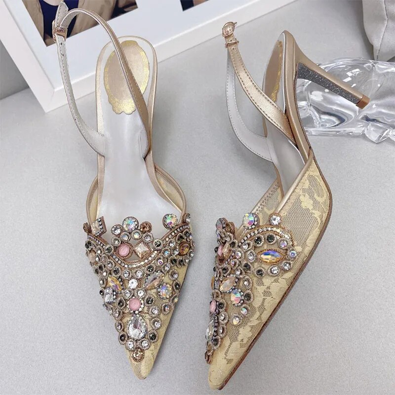 VCshoes Lace Pointy Wrap Toe Crystal Mid Heel Sandals Women Stiletto Sandals Ethnic Style Wedding Party Shoes Mujer