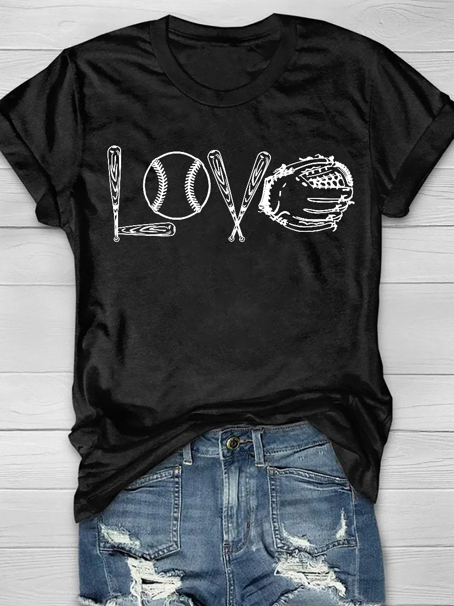 Baseball Mixed Love Print Short Sleeve T-Shirt