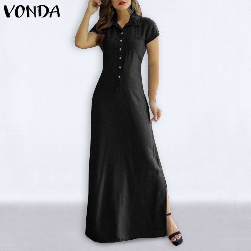 Women Summer Dress 2022 VONDA Casual Turn Down Neck Short Sleeve Demin Dresses  Bohemian Vestidos Femme Sundress