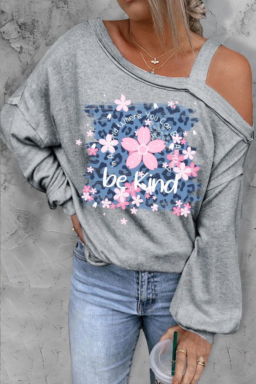 Cherry blossoms Be Kind Letter Print Asymmetric Dew Shoulder Top