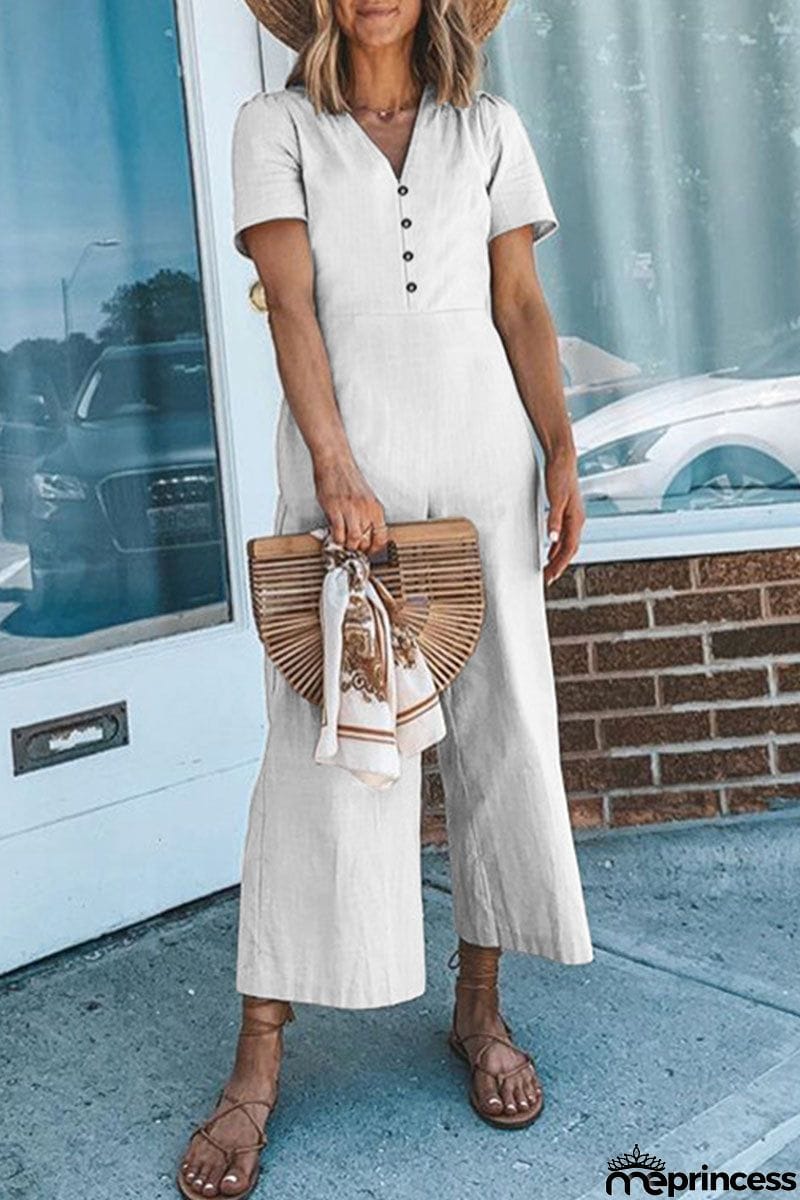 Button V Neck Short Sleeve Jumpsuits