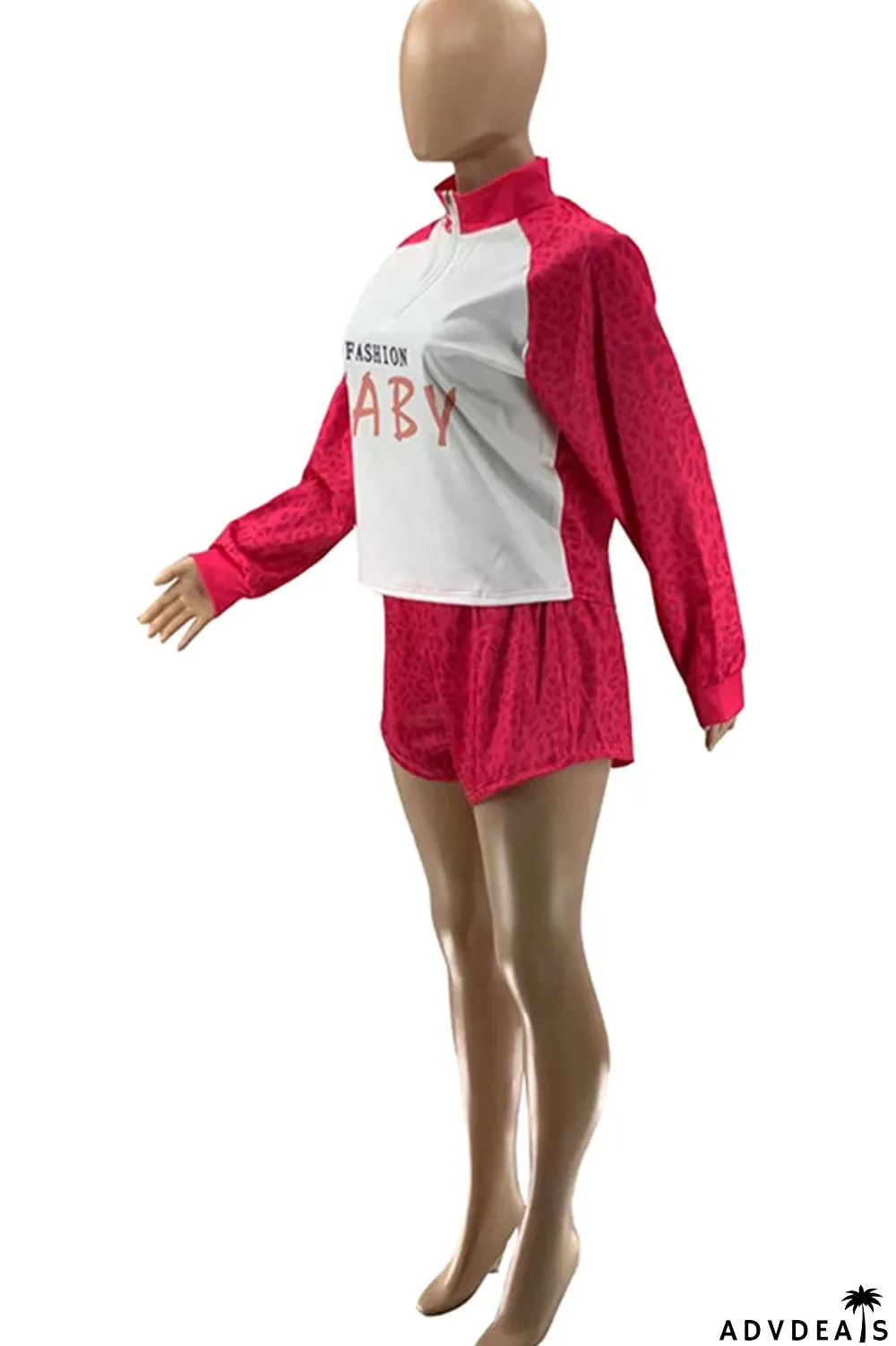 Red Casual Sportswear Print Leopard Split Joint Zipper Collar Long Sleeve Two Pieces