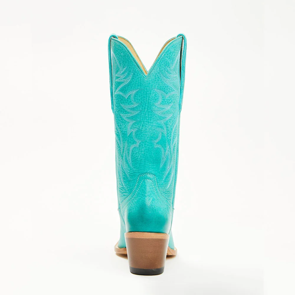 Turquoise Chunky Heel Embroidered Almond Toe Western Boots for Women