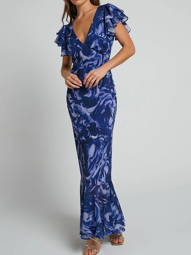 Navy Blue V Neck Flutter Sleeves Maxi main image 0