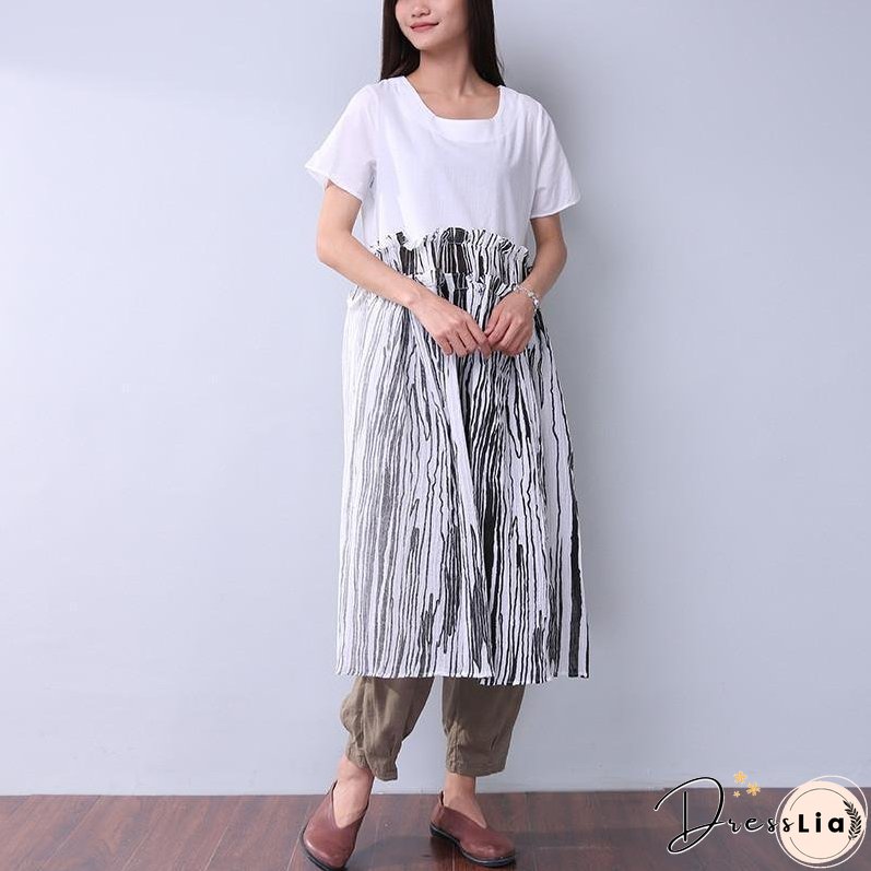 Summer Printing Women Folded Splicing White Dress