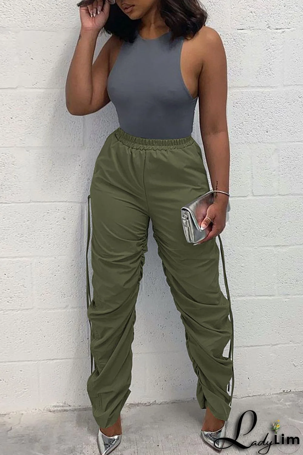 Green Casual Solid Patchwork Draw String Fold High Waist Pencil Solid Color Bottoms