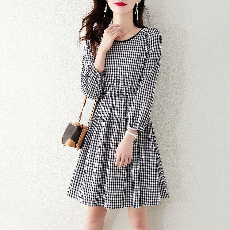 Grid Casual Long Sleeve Checkered/plaid Dresses