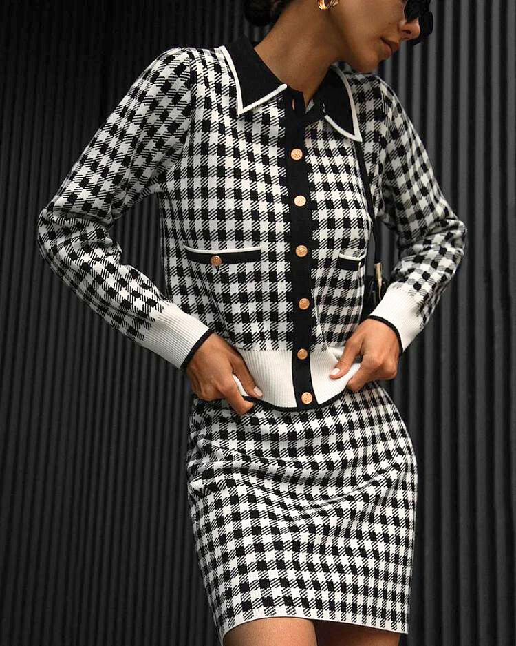 Checked Knitted Cardigan And Skirt Two-Piece Set