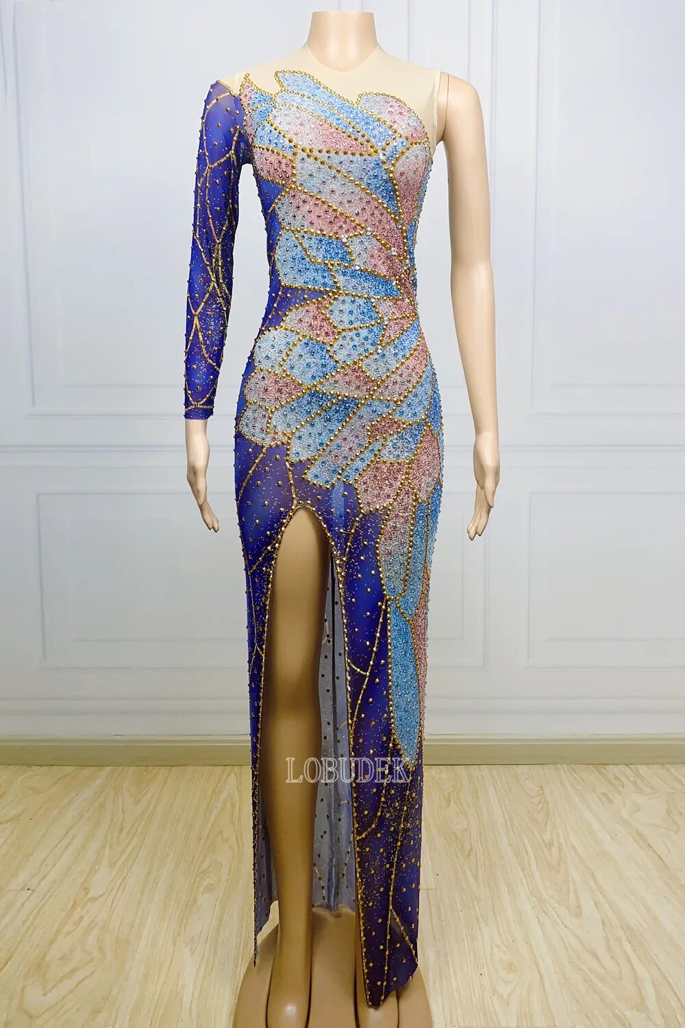Rhinestones Elastic Tight Single Sleeve Side Slit Long Dress For Women Mesh Transparent Celebrity Evening Prom Birthday