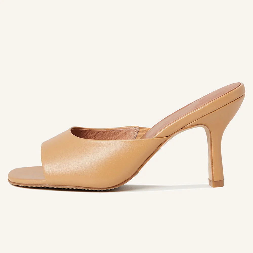 Tan Open Square Toe Chunky Heel Simple Slide Shoes for Women