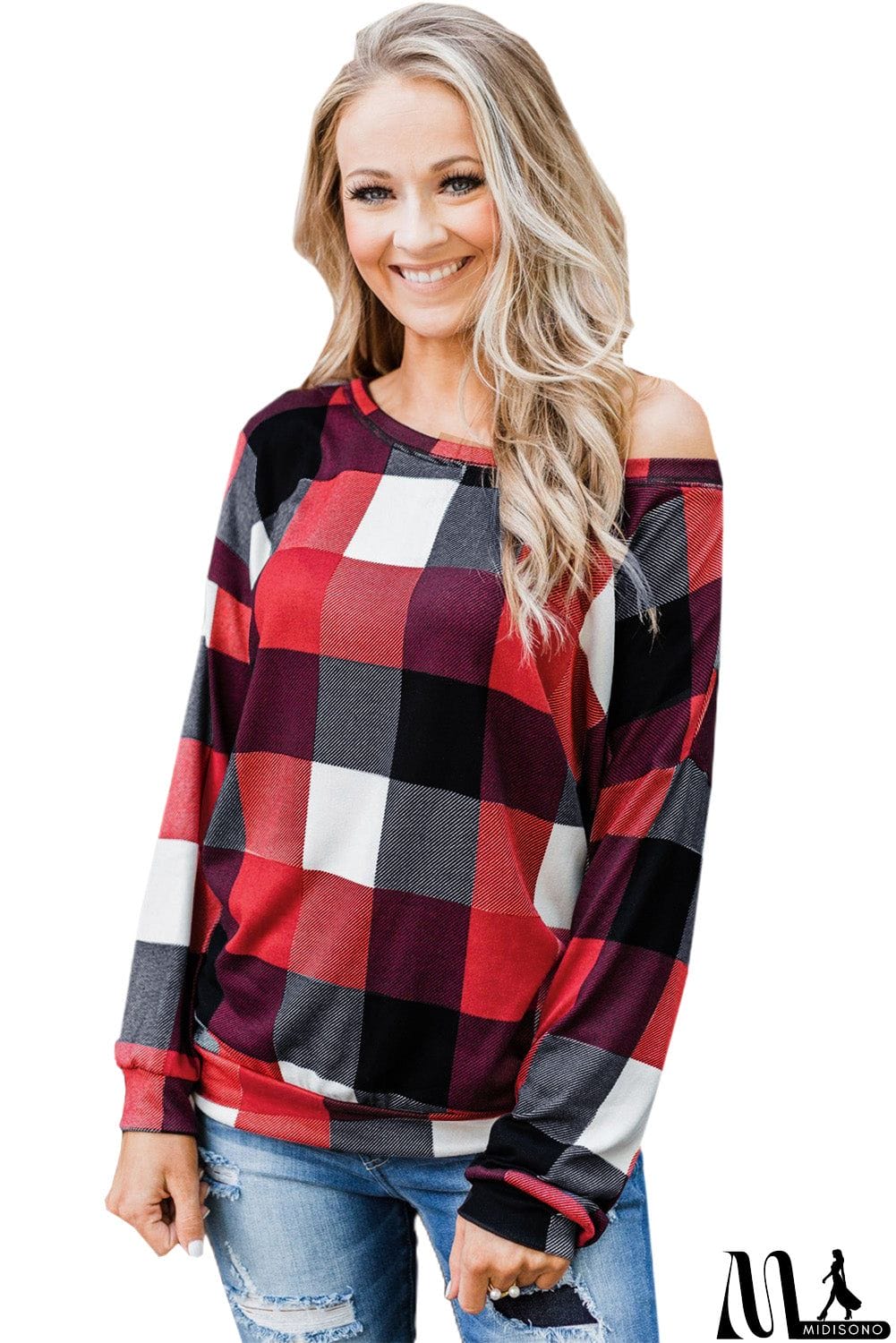 MidiSono - Round Neck Plaid Long Sleeve Pullover Top