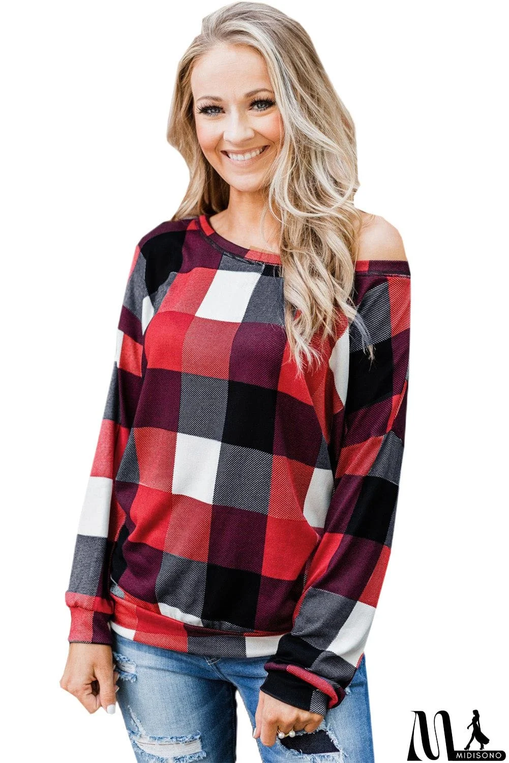 MidiSono - Round Neck Plaid Long Sleeve Pullover Top