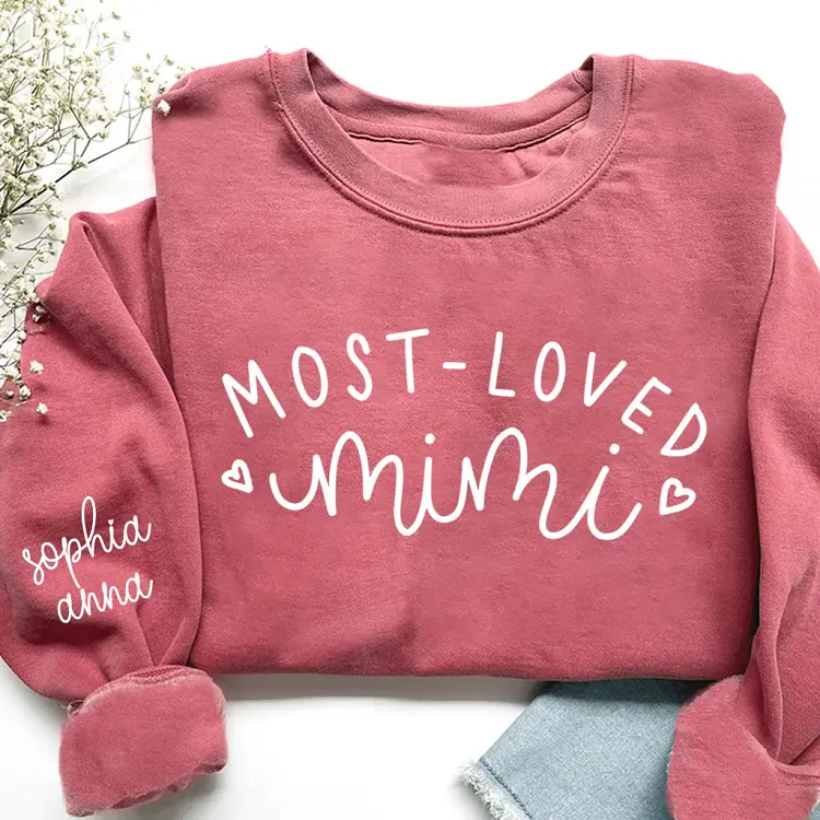 Personalized Most-Loved Mimi Sweatshirt, Custom Mimi Shirt with Grandkids Names on Sleeve, Gift for Mimi