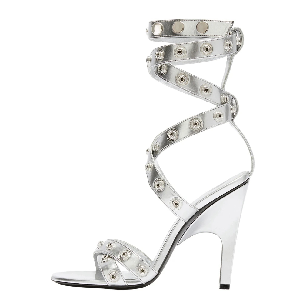 GOOSHOE Lady Rivet Ankle Buckle High Heels Women's Open Toe Metal Button Sandals Cross Straps Shoes