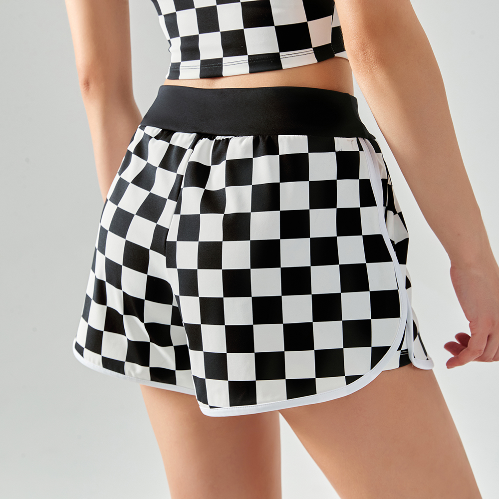 Different types of women's checkerboard print soft drawstring workout gym loose yoga shorts online shopping on Hergymclothing Black White Plaid