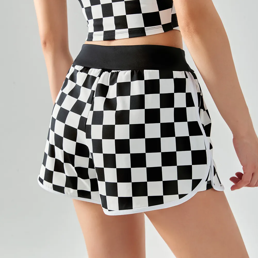 Different types of women's checkerboard print soft drawstring workout gym loose yoga shorts online shopping on Hergymclothing Black White Plaid
