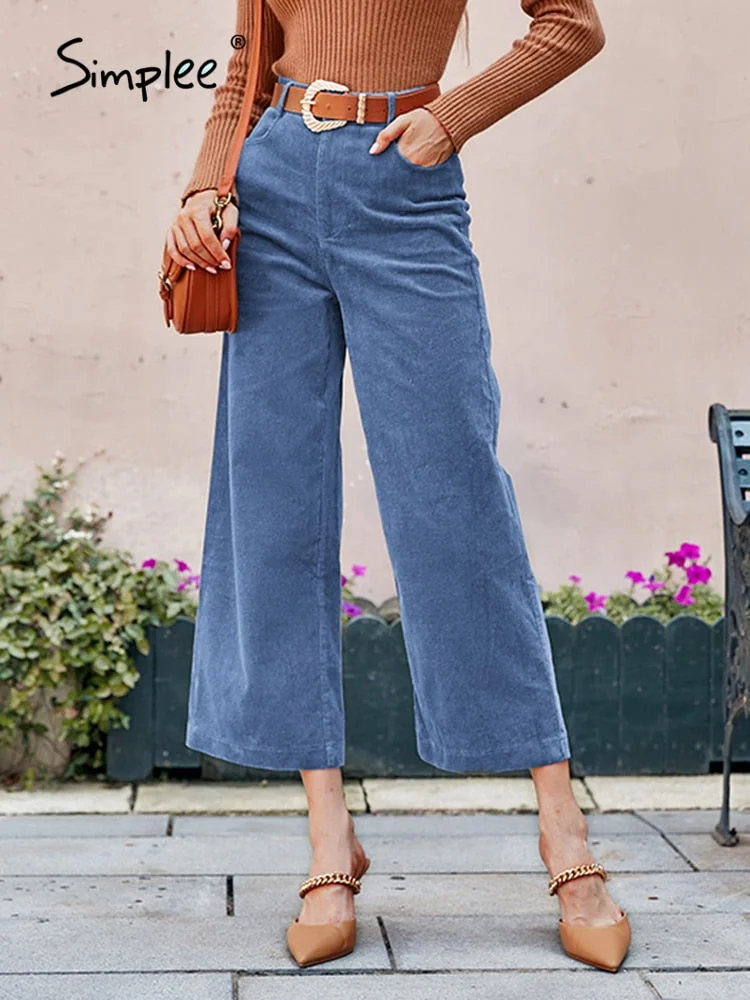 Simplee Cotton casual corduroy women long pants autumn winter Office button wide-legged trousers Fashion mid waist ladies bottom
